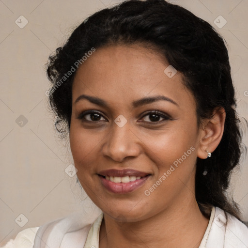 Joyful latino young-adult female with medium  brown hair and brown eyes