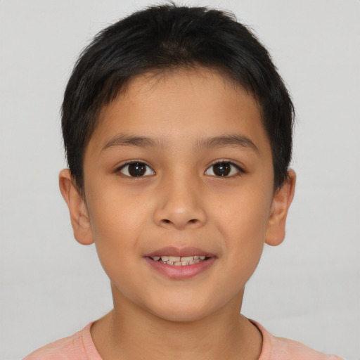 Joyful latino child male with short  brown hair and brown eyes