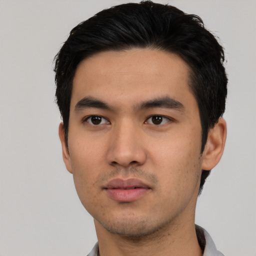 Neutral asian young-adult male with short  black hair and brown eyes