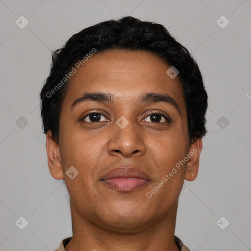 Neutral latino young-adult female with short  black hair and brown eyes