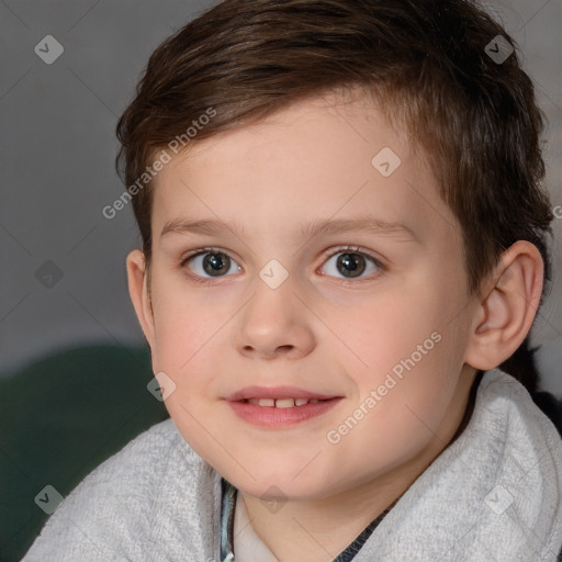 Joyful white child female with short  brown hair and brown eyes