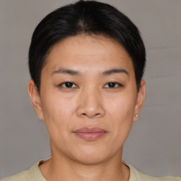 Neutral asian young-adult female with short  black hair and brown eyes