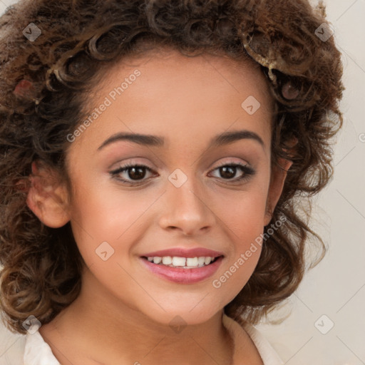 Joyful white child female with medium  brown hair and brown eyes