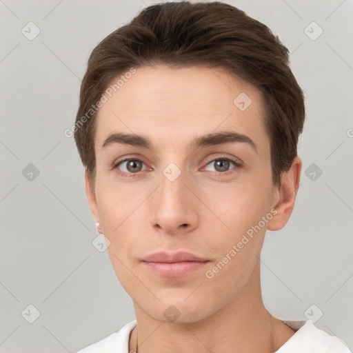 Neutral white young-adult male with short  brown hair and grey eyes