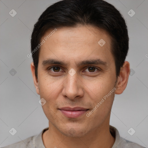 Joyful white young-adult male with short  brown hair and brown eyes