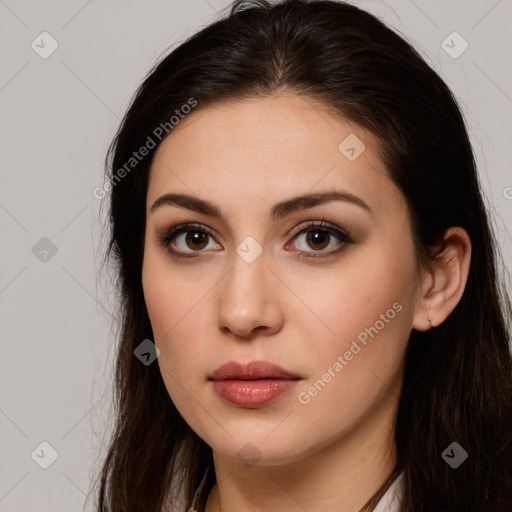 Neutral white young-adult female with long  brown hair and brown eyes