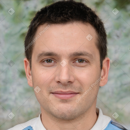 Joyful white young-adult male with short  brown hair and brown eyes