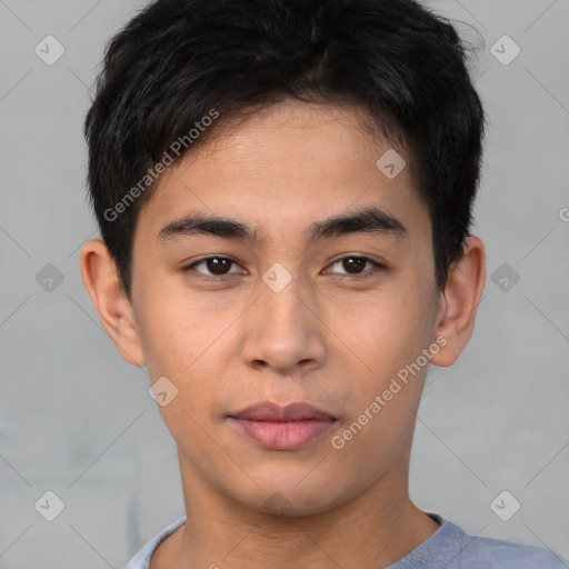 Neutral asian young-adult male with short  brown hair and brown eyes