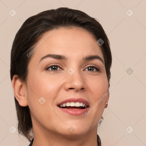 Joyful white young-adult female with medium  brown hair and brown eyes