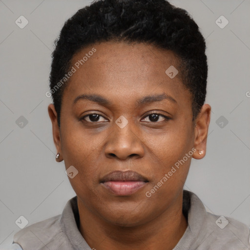 Neutral black young-adult female with short  black hair and brown eyes