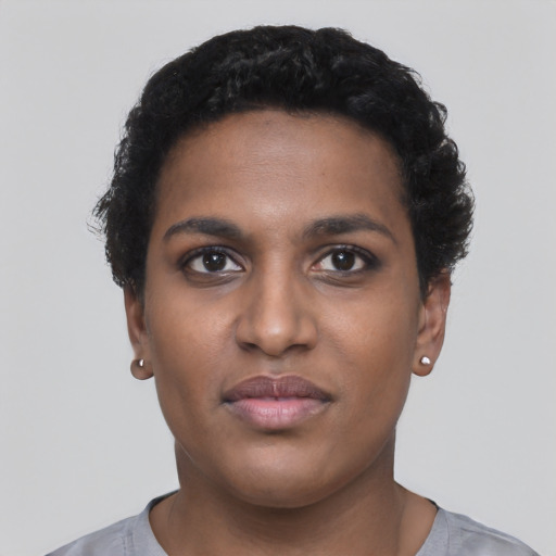 Neutral black young-adult female with short  black hair and brown eyes