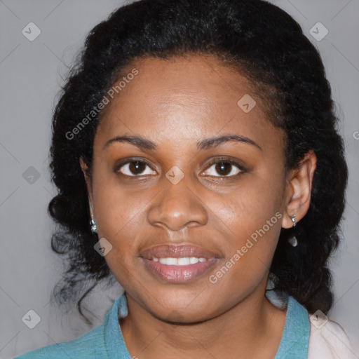 Joyful black young-adult female with medium  black hair and brown eyes