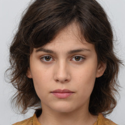 Neutral white young-adult female with medium  brown hair and brown eyes