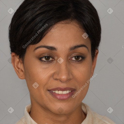 Joyful latino young-adult female with short  brown hair and brown eyes