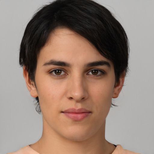 Neutral white young-adult female with short  brown hair and brown eyes