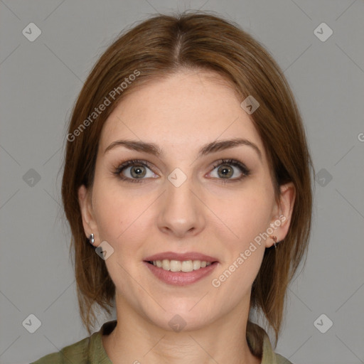 Joyful white young-adult female with medium  brown hair and grey eyes