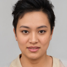 Joyful asian young-adult female with short  brown hair and brown eyes