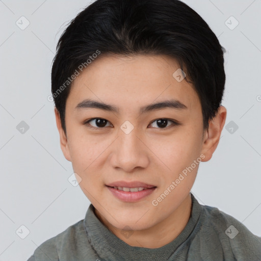Joyful asian young-adult female with short  brown hair and brown eyes