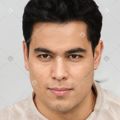 Neutral asian young-adult male with short  brown hair and brown eyes