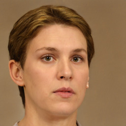 Neutral white young-adult female with short  brown hair and brown eyes