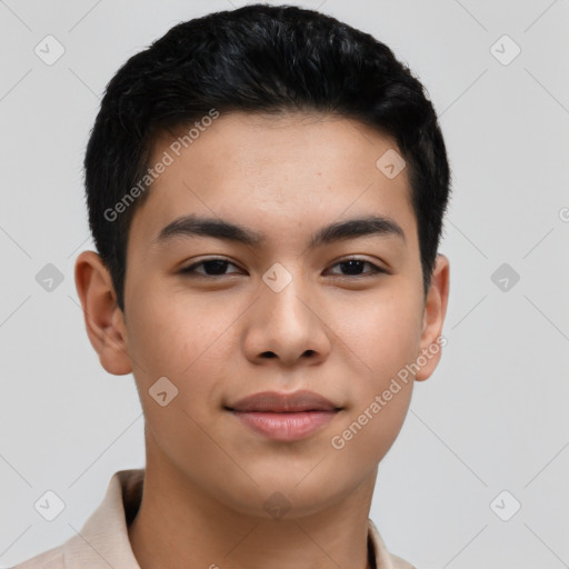 Joyful asian young-adult male with short  brown hair and brown eyes