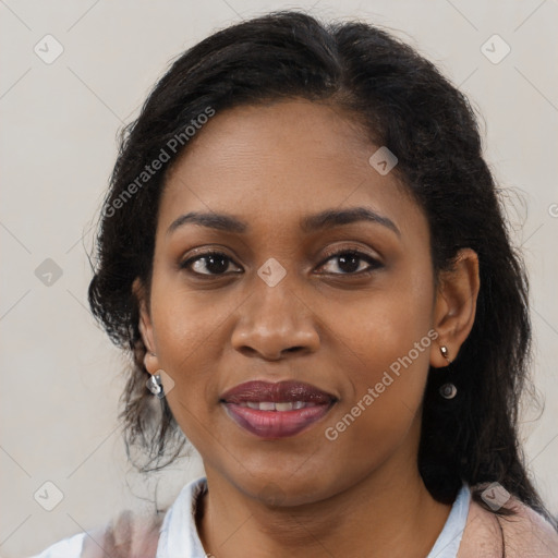 Joyful black young-adult female with medium  brown hair and brown eyes