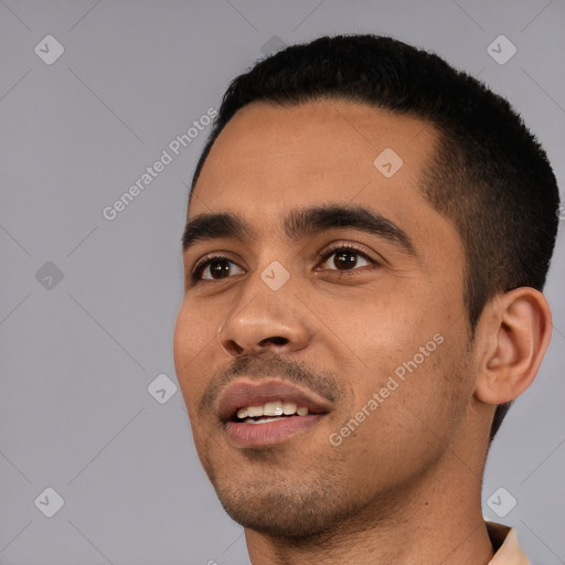 Neutral white young-adult male with short  black hair and brown eyes