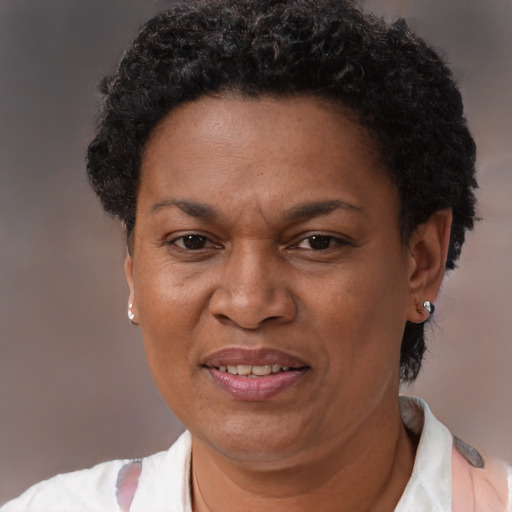 Joyful black adult female with short  brown hair and brown eyes
