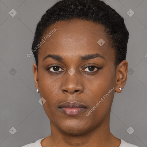 Neutral black young-adult female with short  black hair and brown eyes