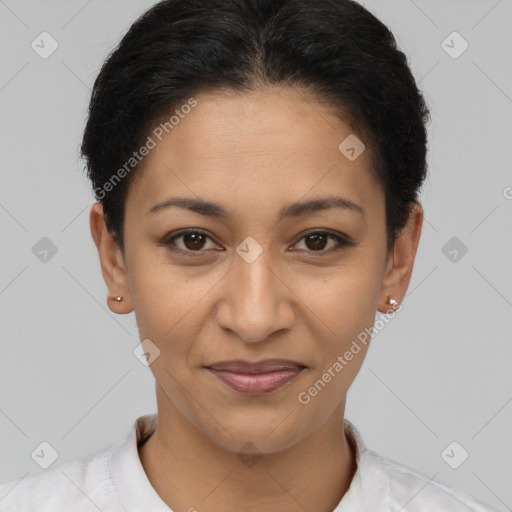 Joyful latino young-adult female with short  brown hair and brown eyes