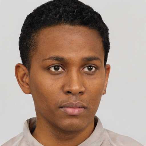 Neutral black young-adult male with short  black hair and brown eyes