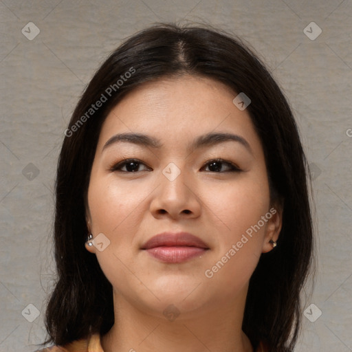 Joyful asian young-adult female with medium  brown hair and brown eyes