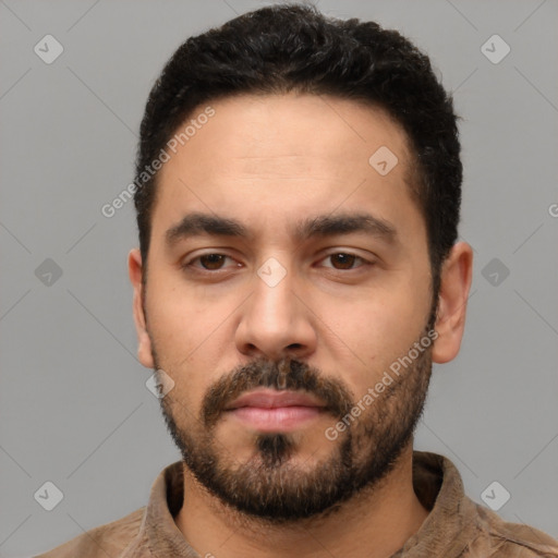 Neutral latino young-adult male with short  black hair and brown eyes