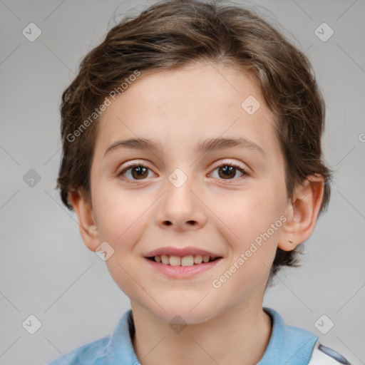 Joyful white child female with short  brown hair and brown eyes