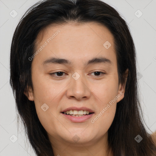 Joyful white young-adult female with long  brown hair and brown eyes