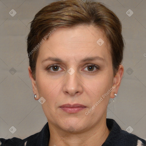 Neutral white adult female with short  brown hair and brown eyes