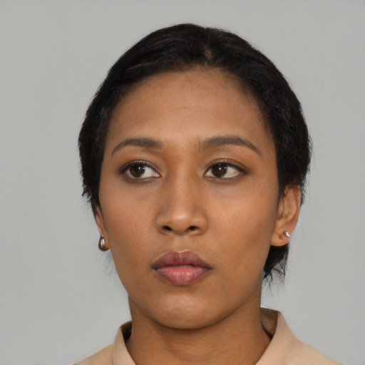 Neutral asian young-adult female with short  black hair and brown eyes
