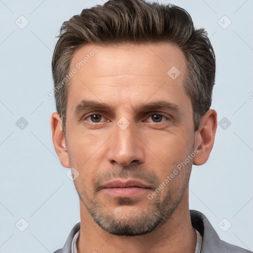 Neutral white adult male with short  brown hair and brown eyes