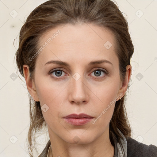 Neutral white young-adult female with medium  brown hair and grey eyes