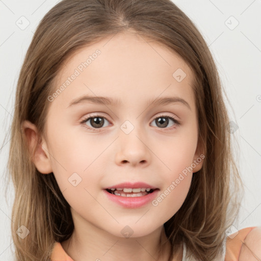 Joyful white child female with medium  brown hair and brown eyes