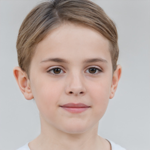 Joyful white child female with short  brown hair and brown eyes