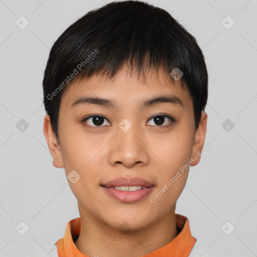 Joyful asian young-adult female with short  black hair and brown eyes