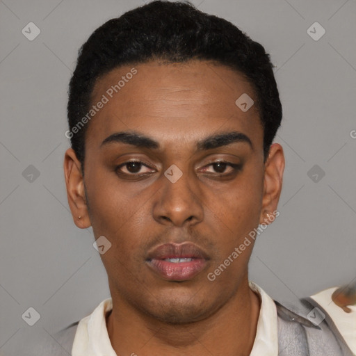 Neutral black young-adult male with short  black hair and brown eyes