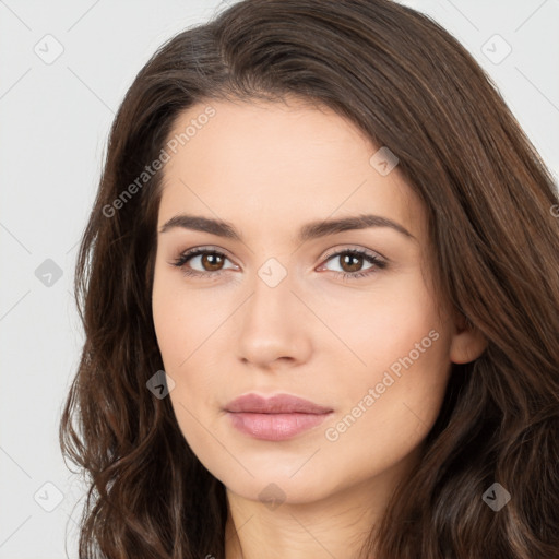 Neutral white young-adult female with long  brown hair and brown eyes