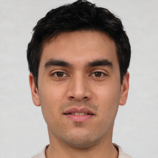 Neutral asian young-adult male with short  black hair and brown eyes