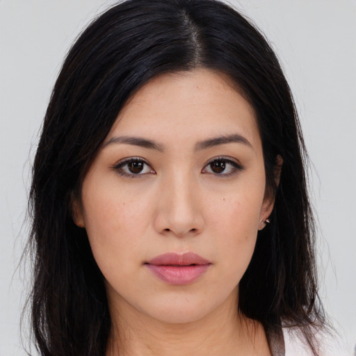 Neutral asian young-adult female with long  black hair and brown eyes