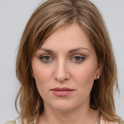 Neutral white young-adult female with medium  brown hair and grey eyes