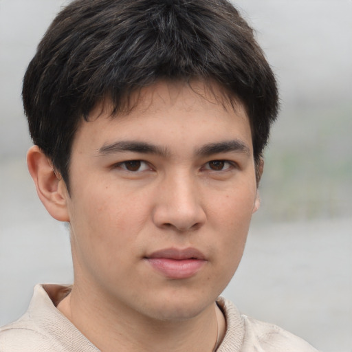 Neutral asian young-adult male with short  brown hair and brown eyes