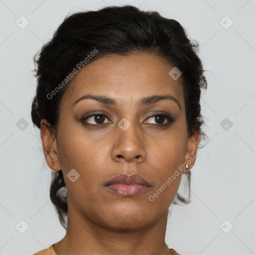 Neutral latino young-adult female with short  brown hair and brown eyes