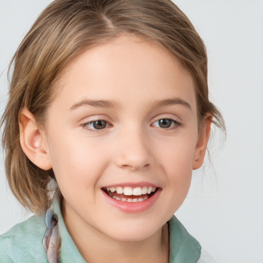 Joyful white child female with medium  brown hair and brown eyes